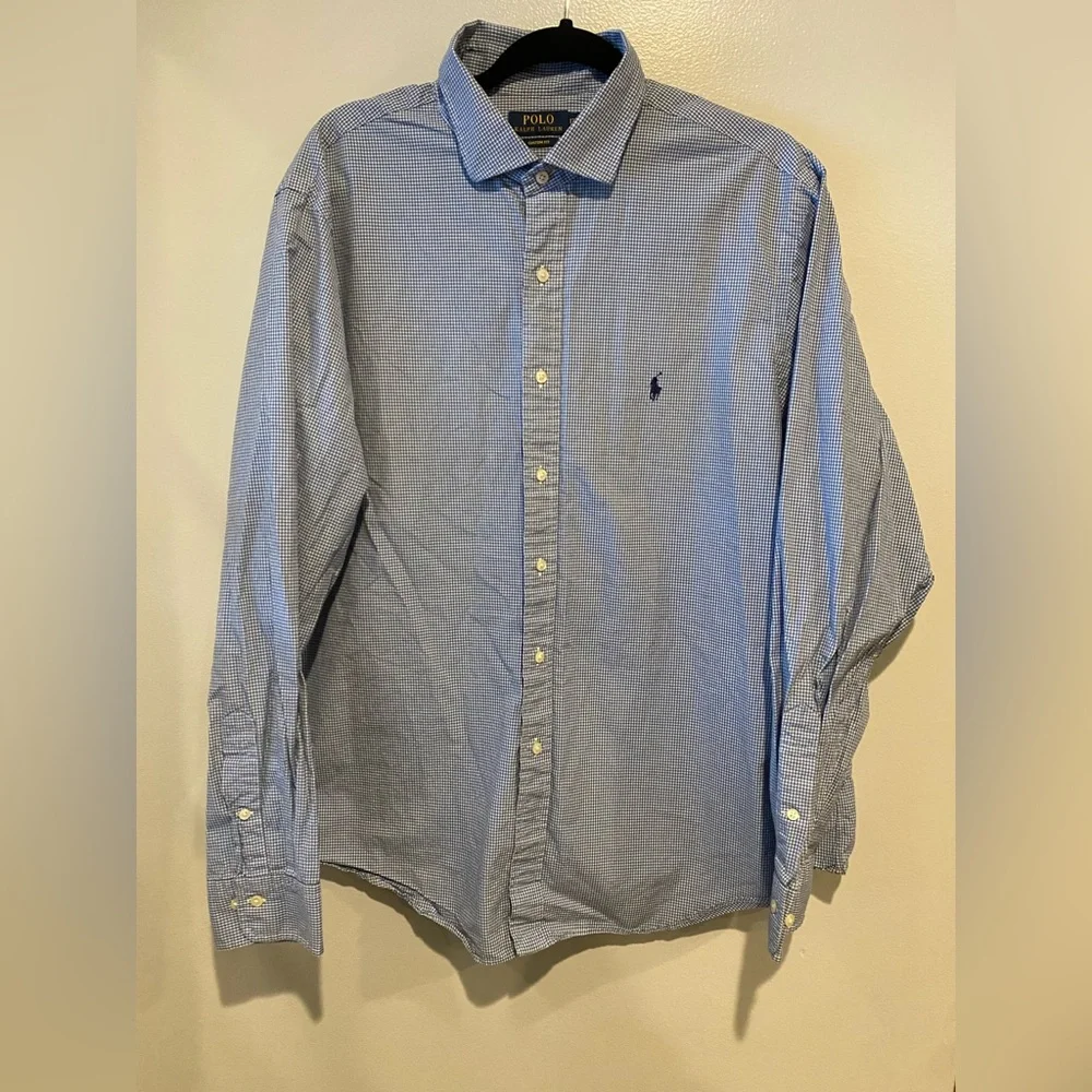 Polo Ralph Lauren Mens Custom Fit Blue Gingham Plaid 17.5 36-37 Dress Shirt Pony - Picture 2 of 9